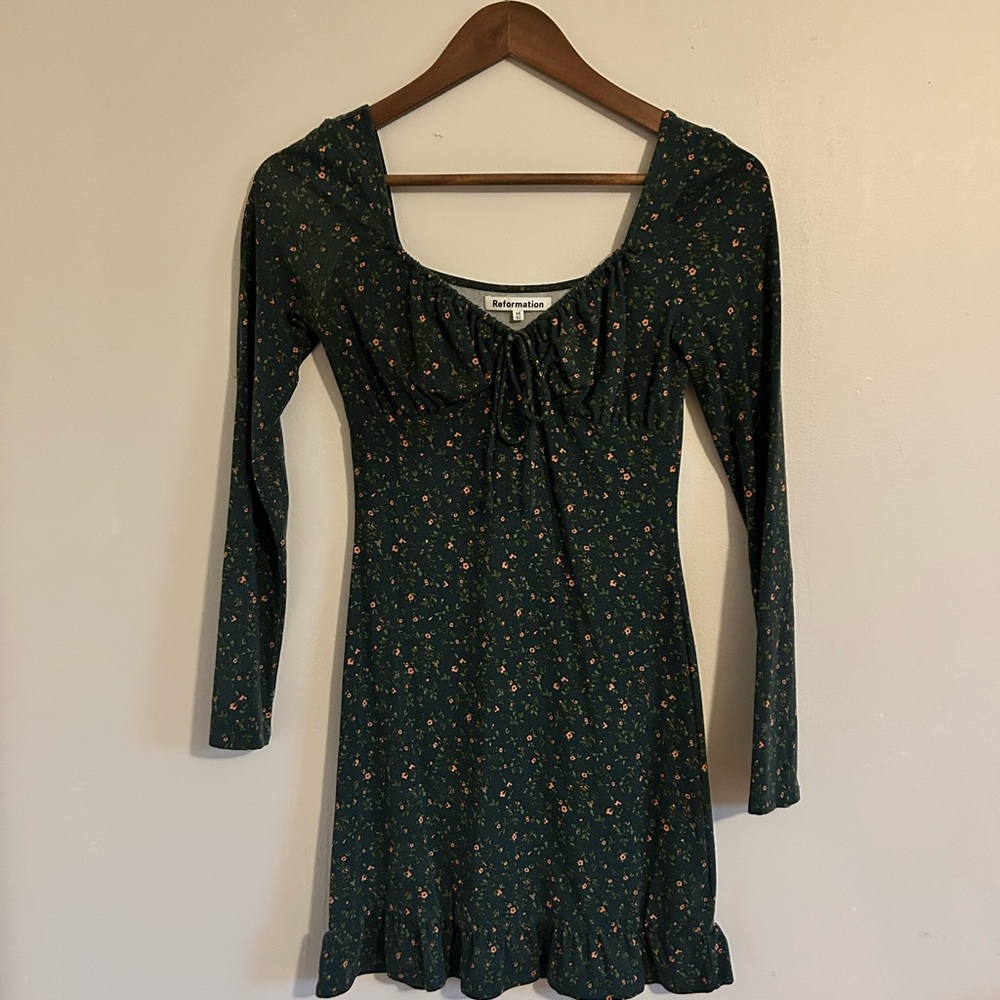 Reformation Anjelica Dark Green Floral Long Sleeve Mini Dress with Tie Front XS